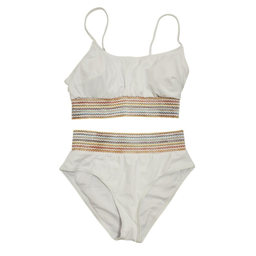 White Two-Piece Bikini Set Swimsuit  Multicolor Zigzag Waistband Size M Womens